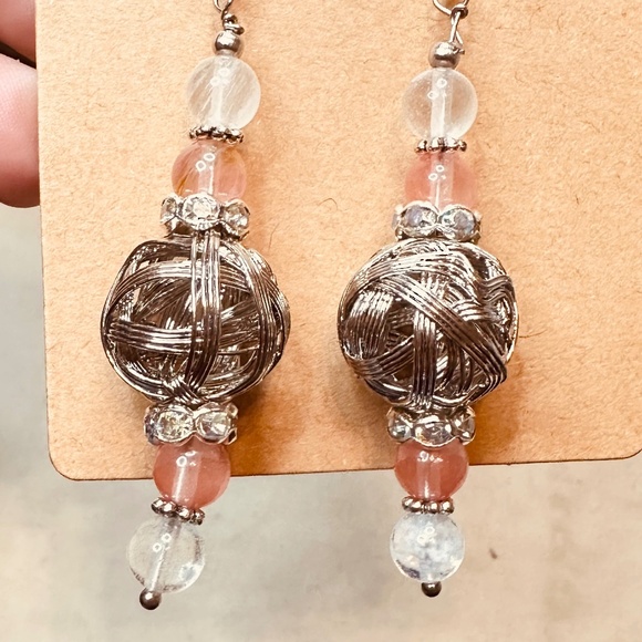 Silver Hook Dangle Earrings & Large Silver Beads & Cherry Quartz Stones & Crysta - Picture 8 of 9